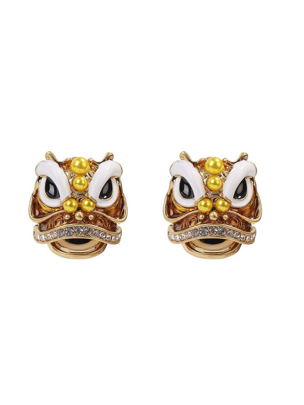 Gold and White Dragon Mask Stud Earrings - Women Jewelry